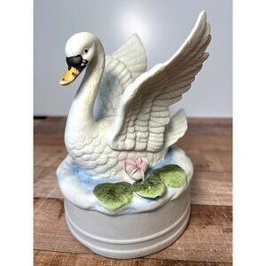 Vintage Royal Crown Ceramic Swan Music Box Hand-Painted Details  Floral No Chips